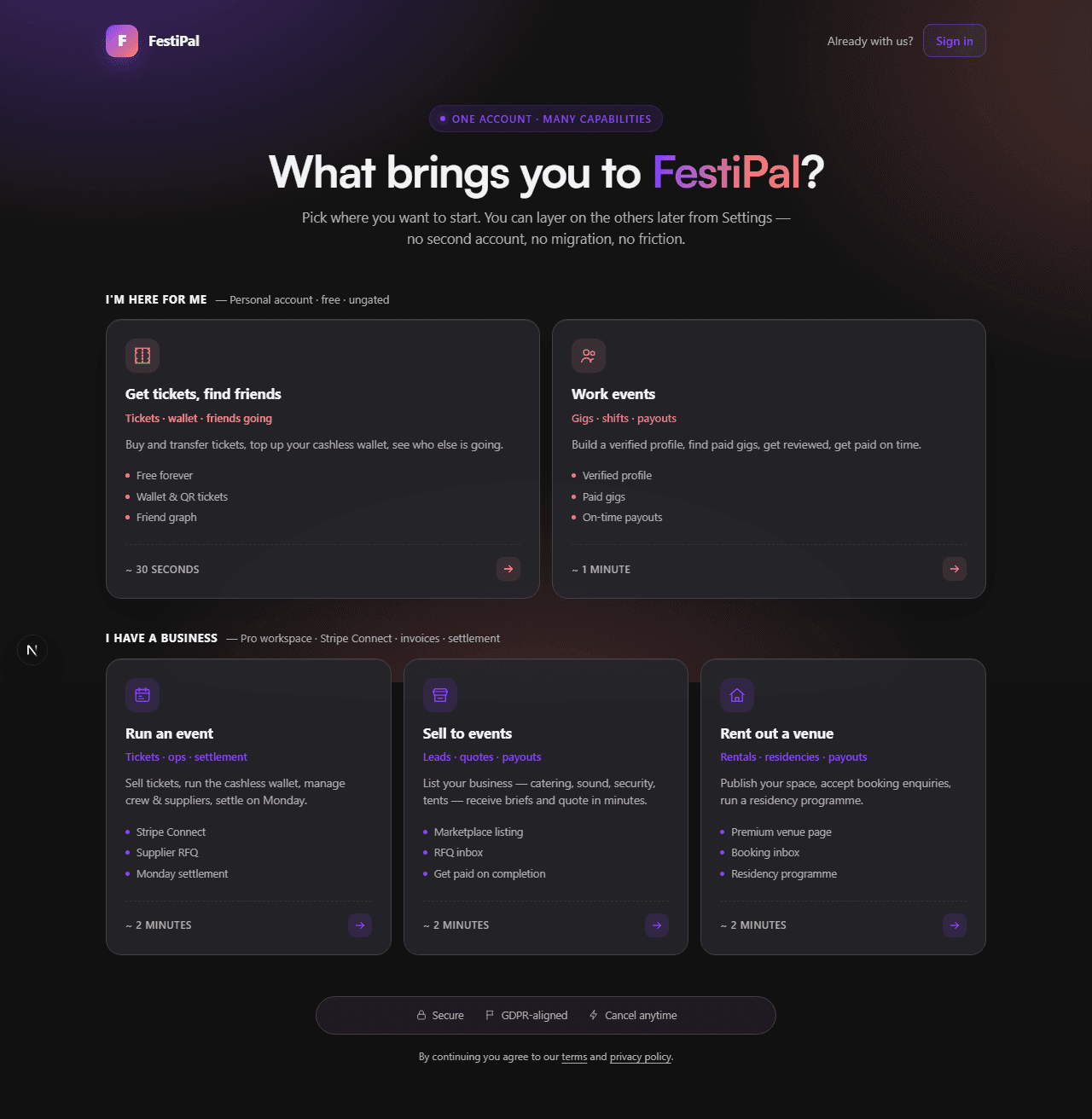 FestiPal sign-up flow