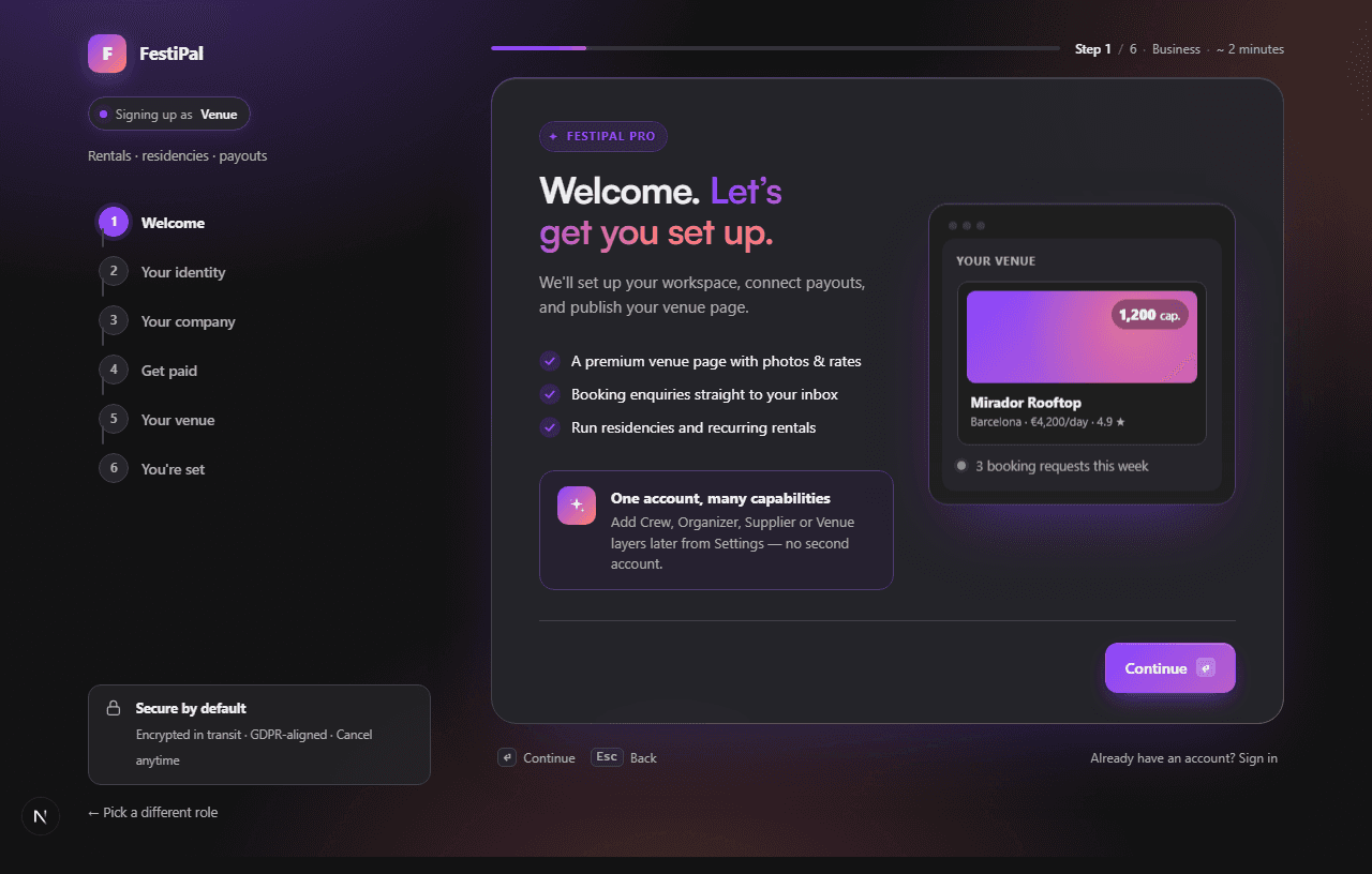 FestiPal onboarding — welcome screen, dark mode, desktop